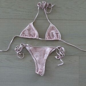 Frankie’s Bikinis x Pamela Anderson pink jacquard bikini set